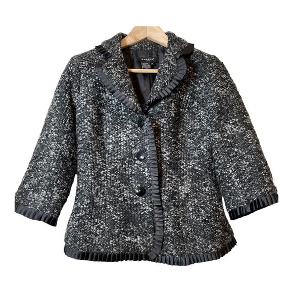 SANDRO Tweed Blazer Jacket Ribbon Ruffle Trim Small Petite Black White Womens - Picture 1 of 6